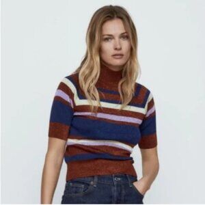 ZARA Small Striped Knit High Collar Short Sleeve Metallic Sweater Top NEW